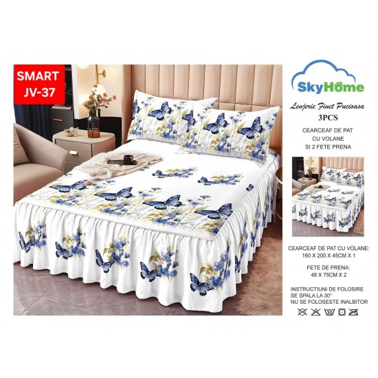 Cearceaf cu Volane din Finet + 2 Fete Perna - 160x200x45 Cearceaf de pat cu volanas din Finet