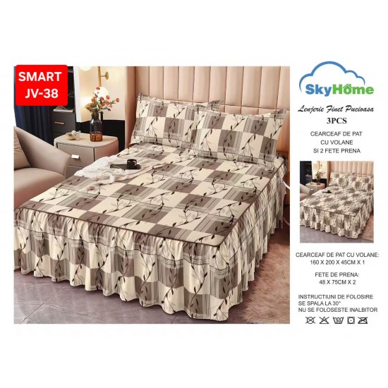 Cearceaf cu Volane din Finet + 2 Fete Perna - 160x200x45 Cearceaf de pat cu volanas din Finet