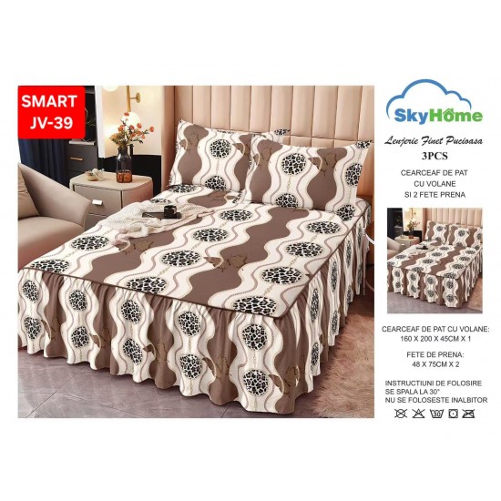 Cearceaf cu Volane din Finet + 2 Fete Perna - 160x200x45 Cearceaf de pat cu volanas din Finet