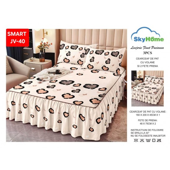 Cearceaf cu Volane din Finet + 2 Fete Perna - 160x200x45 Cearceaf de pat cu volanas din Finet