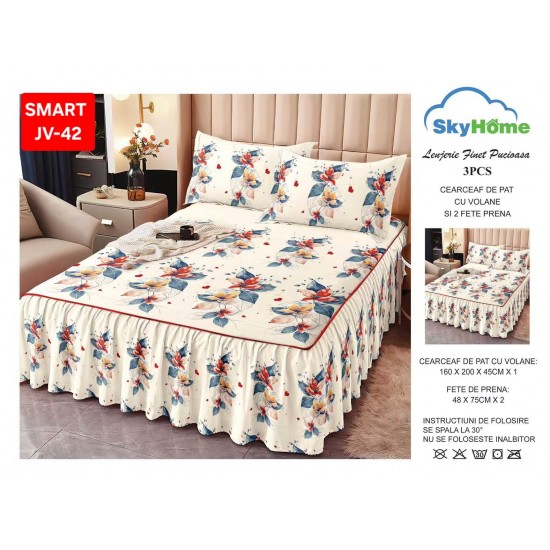 Cearceaf cu Volane din Finet + 2 Fete Perna - 160x200x45 Cearceaf de pat cu volanas din Finet