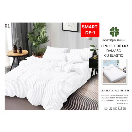 Lenjerie de pat cu elastic tip hotel din BUMBAC 100% DAMASC , 6 piese 1+1 Lenjerii Damasc cearceaf cu elastic