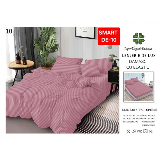 Lenjerie de pat cu elastic tip hotel din BUMBAC 100% DAMASC , 6 piese 1+1 Lenjerii Damasc cearceaf cu elastic