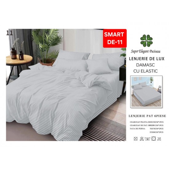 Lenjerie de pat cu elastic tip hotel din BUMBAC 100% DAMASC , 6 piese 1+1 Lenjerii Damasc cearceaf cu elastic