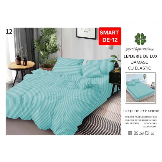 Lenjerie de pat cu elastic tip hotel din BUMBAC 100% DAMASC , 6 piese 1+1 Lenjerii Damasc cearceaf cu elastic