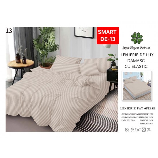 Lenjerie de pat cu elastic tip hotel din BUMBAC 100% DAMASC , 6 piese 1+1 Lenjerii Damasc cearceaf cu elastic