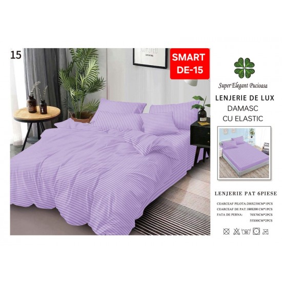 Lenjerie de pat cu elastic tip hotel din BUMBAC 100% DAMASC , 6 piese 1+1 Lenjerii Damasc cearceaf cu elastic