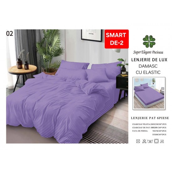 Lenjerie de pat cu elastic tip hotel din BUMBAC 100% DAMASC , 6 piese 1+1 Lenjerii Damasc cearceaf cu elastic