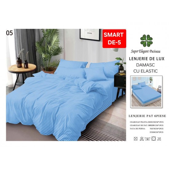Lenjerie de pat cu elastic tip hotel din BUMBAC 100% DAMASC , 6 piese 1+1 Lenjerii Damasc cearceaf cu elastic