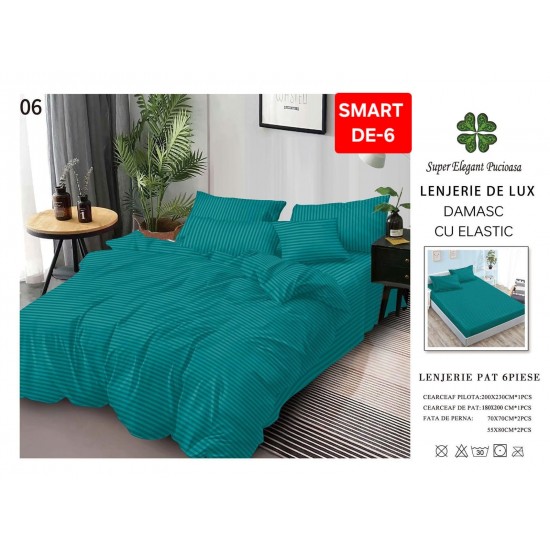 Lenjerie de pat cu elastic tip hotel din BUMBAC 100% DAMASC , 6 piese 1+1 Lenjerii Damasc cearceaf cu elastic