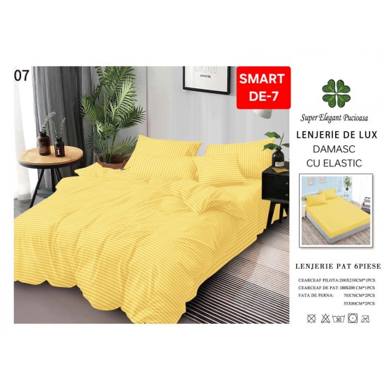 Lenjerie de pat cu elastic tip hotel din BUMBAC 100% DAMASC , 6 piese 1+1 Lenjerii Damasc cearceaf cu elastic