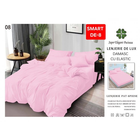 Lenjerie de pat cu elastic tip hotel din BUMBAC 100% DAMASC , 6 piese 1+1 Lenjerii Damasc cearceaf cu elastic