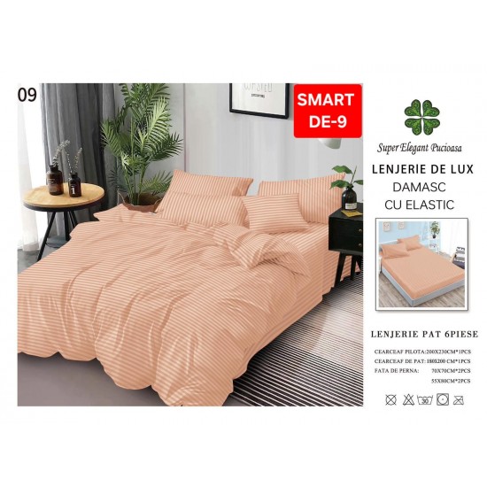 Lenjerie de pat cu elastic tip hotel din BUMBAC 100% DAMASC , 6 piese 1+1 Lenjerii Damasc cearceaf cu elastic
